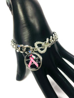 Hope for Cancer Pink Ribbon and Purple Ribbon Charms on a Metal Bracelet Set With 2 Charms