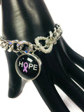 Hope for Cancer Pink Ribbon and Purple Ribbon Charms on a Metal Bracelet Set With 2 Charms