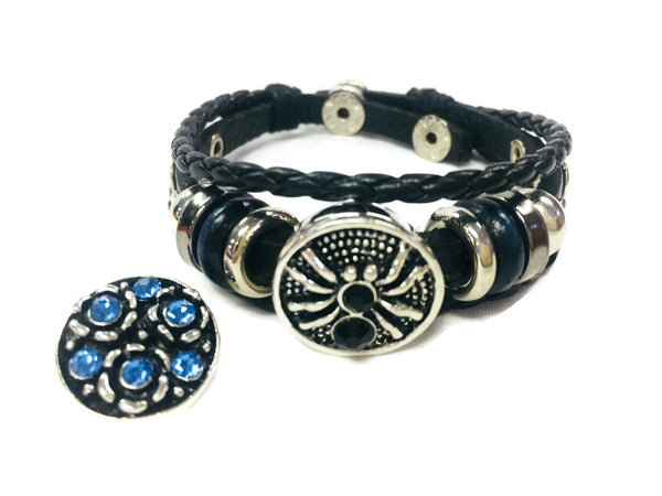 Black Widow Spider Fashion Snap Jewelry Leather Bracelet Set With 2 Charms Modern And Classy