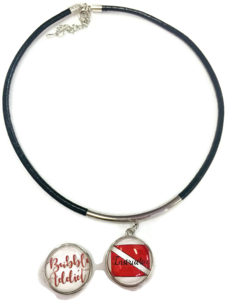 SCUBA Instructor Diver Flag & Bubble Addict 18" Necklace with 2 18MM - 20MM Snap Jewelry Charms