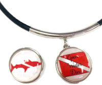 SCUBA Open Water Diver Flag and Shark 15" Necklace with 2 18MM - 20MM Snap Jewelry Charms