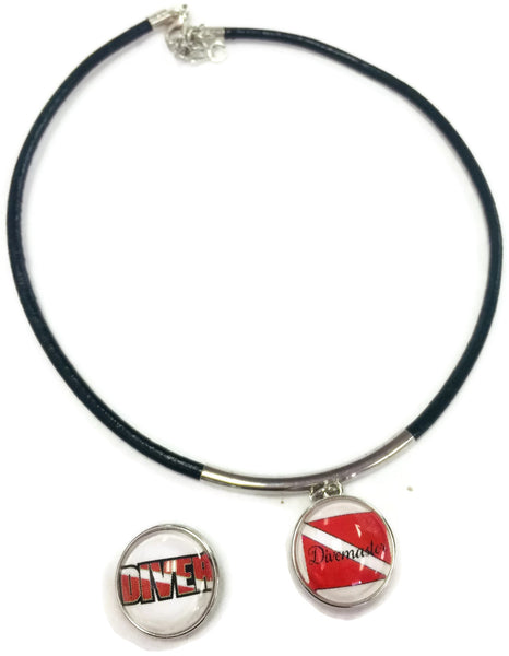 SCUBA Divemaster Diver Flag and DIVER 15" Necklace with 2 18MM - 20MM Snap Jewelry Charms