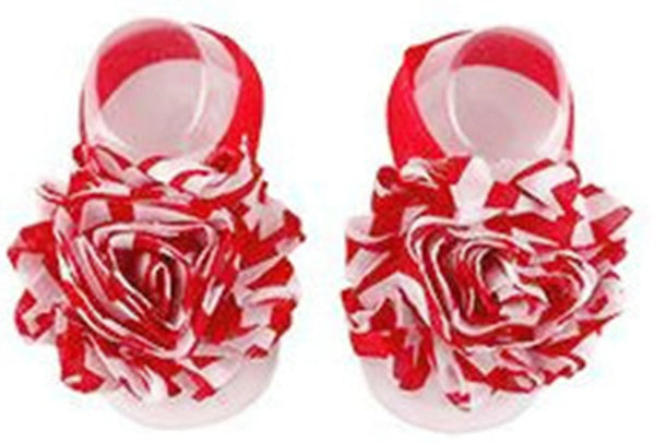 Shabby Chic Baby Toddler Barefoot Sandal Red Chiffon Flower Elastic Foot Wear  2 Pc 1 Pair
