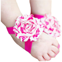 Shabby Chic Baby Toddler Barefoot Sandal Hot Pink Chiffon Flower Elastic Foot Wear  2 Pc 1 Pair