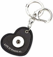 Black Leather Heart Shape Life Is Magical Key Chain With O Ring and Clip For 18MM - 20MM Snap Jewelry
