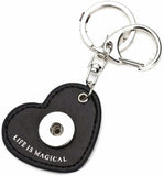 Black Leather Heart Shape Life Is Magical Key Chain With O Ring and Clip For 18MM - 20MM Snap Jewelry