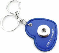 Blue Leather Heart Shape Life Is Magical Key Chain With O Ring and Clip For 18MM - 20MM Snap Jewelry